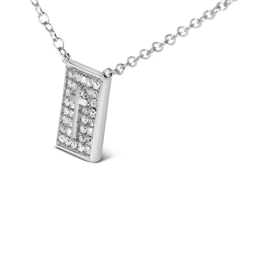 .925 sterling silver 1/10 ctw diamond inlaid cross dog tag pendant necklace (h i color i1 i2 clarity) 18’’