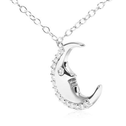 .925 sterling silver 1/10ct diamond crescent man on the moon 18’’ pendant necklace (h i color si1 si2 clarity)