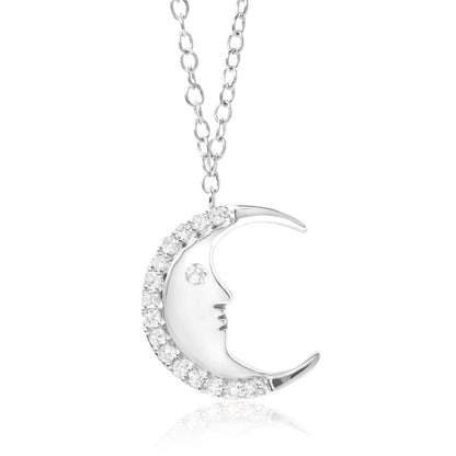 .925 sterling silver 1/10ct diamond crescent man on the moon 18’’ pendant necklace (h i color si1 si2 clarity)