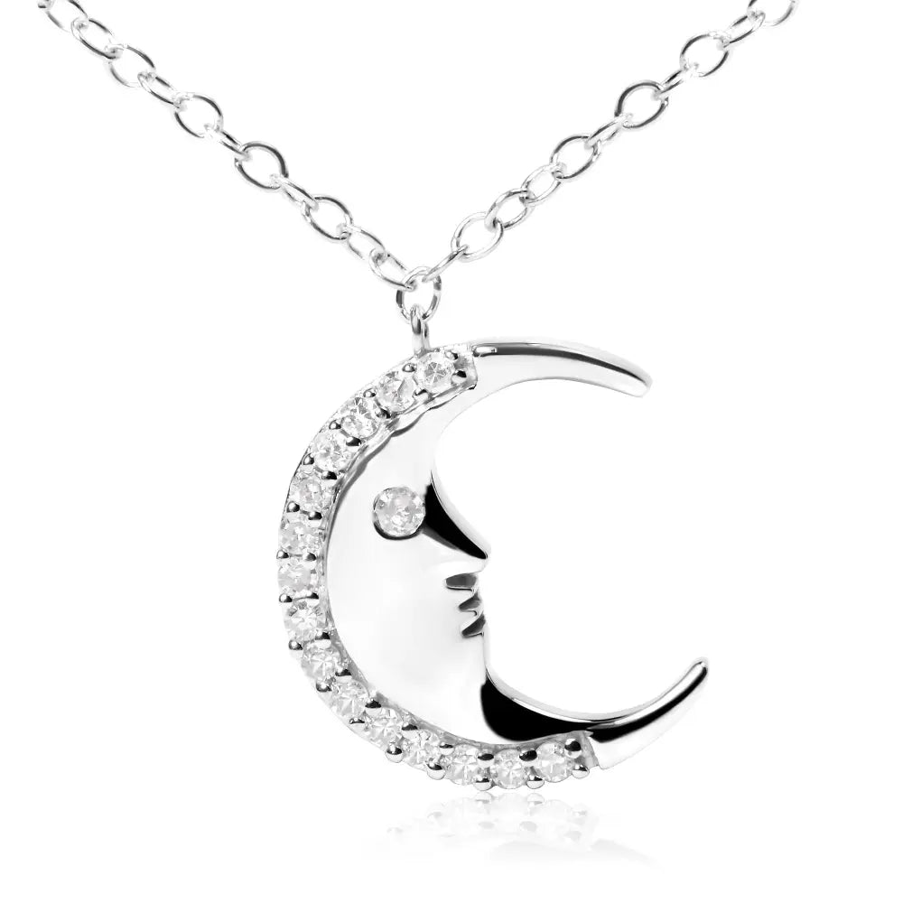 .925 sterling silver 1/10ct diamond crescent man on the moon 18’’ pendant necklace (h i color si1 si2 clarity)