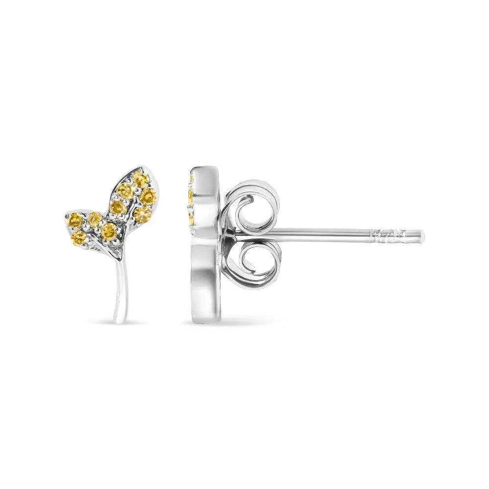 925 sterling silver 1/16ct tdw yellow treated diamond leaf earrings