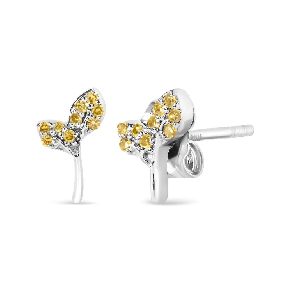 925 sterling silver 1/16ct tdw yellow treated diamond leaf earrings