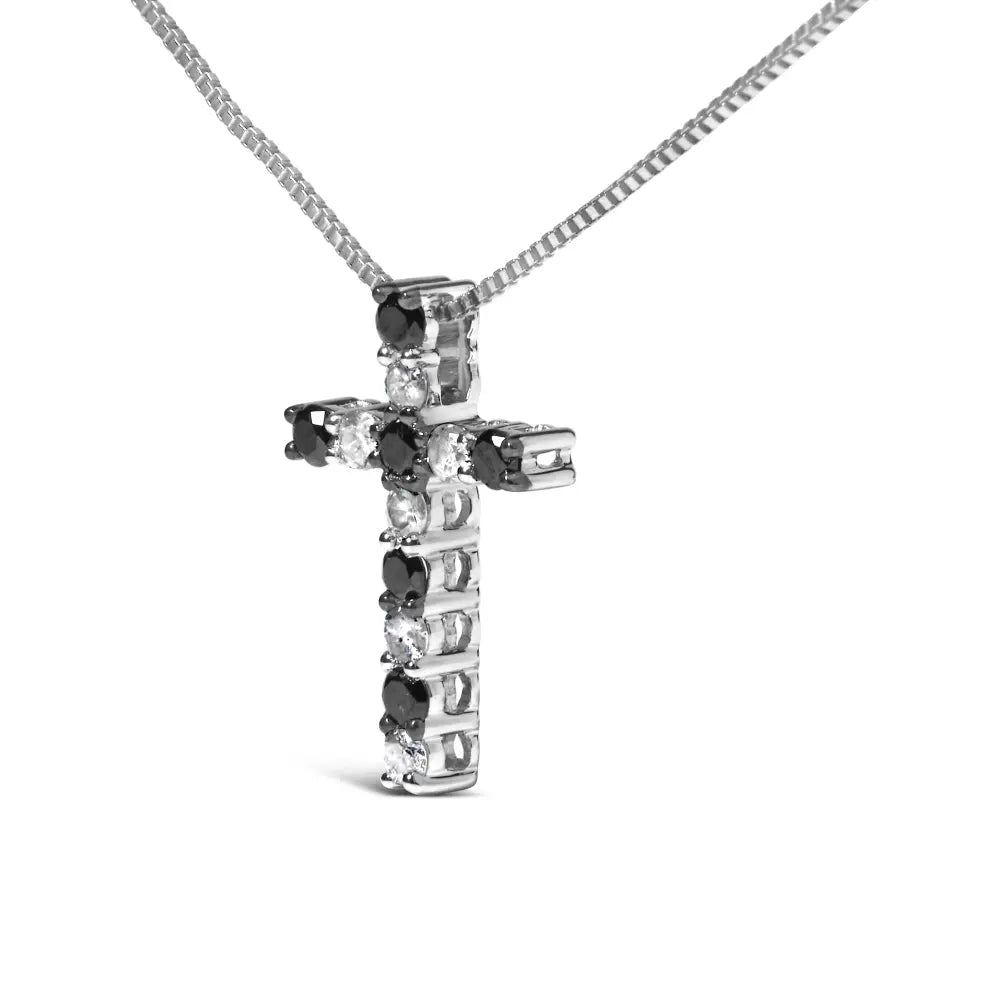 .925 sterling silver 1/2 cttw alternating black and white diamond cross pendant necklace (treated h i color i3 clarity) 18’’