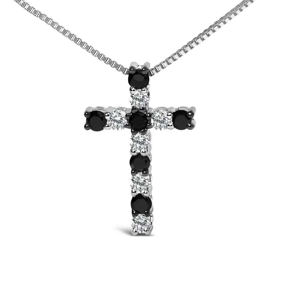 .925 sterling silver 1/2 cttw alternating black and white diamond cross pendant necklace (treated h i color i3 clarity) 18’’