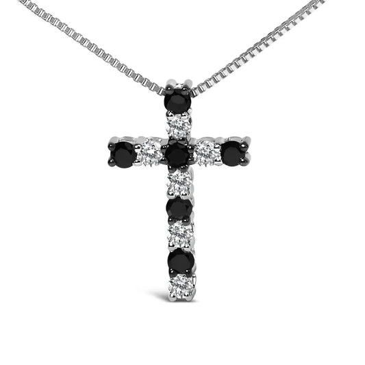 .925 sterling silver 1/2 cttw alternating black and white diamond cross pendant necklace (treated h i color i3 clarity) 18’’