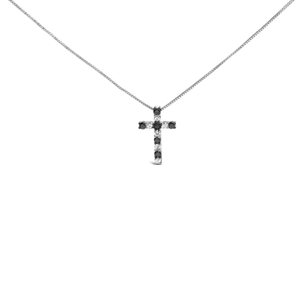 .925 sterling silver 1/2 cttw alternating black and white diamond cross pendant necklace (treated h i color i3 clarity) 18’’