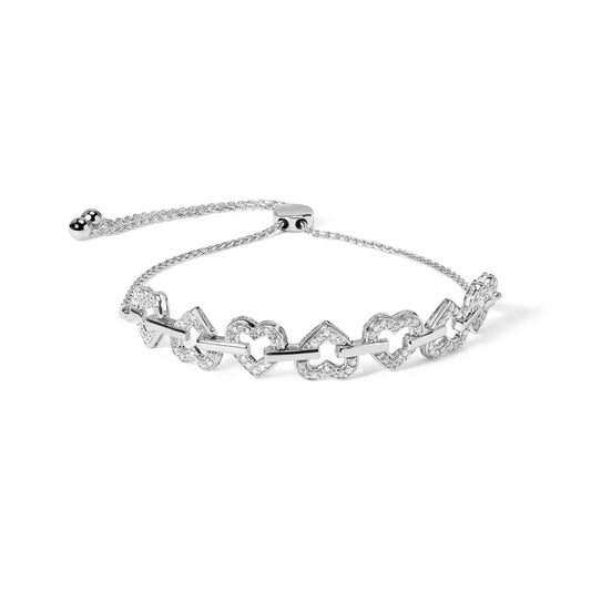 .925 sterling silver 1/2 cttw diamond alternating heart link adjustable bolo bracelet (i j color i3 clarity) 4’’ to 10’’ inches