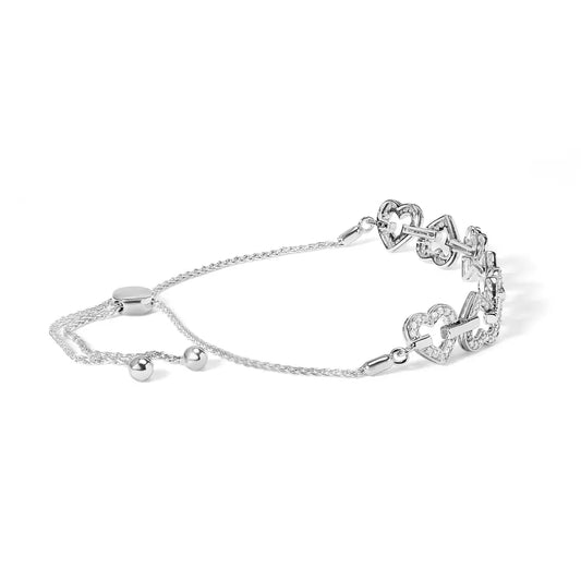 .925 sterling silver 1/2 cttw diamond alternating heart link adjustable bolo bracelet (i j color i3 clarity) 4’’ to 10’’ inches