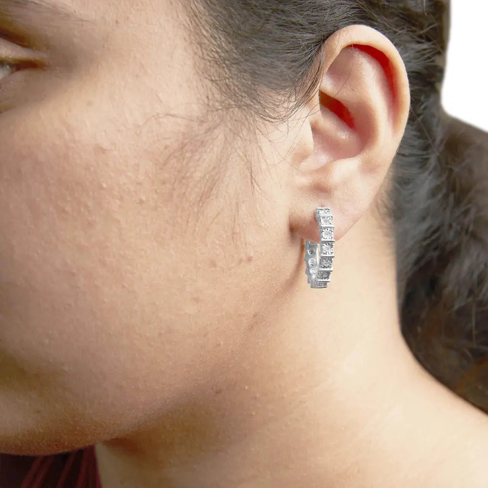 .925 Sterling Silver 1/2 Cttw Diamond Bar and Plate Eternity Hoop Earrings (I-J Color, I3 Clarity) - Bijoux-NYC Direct