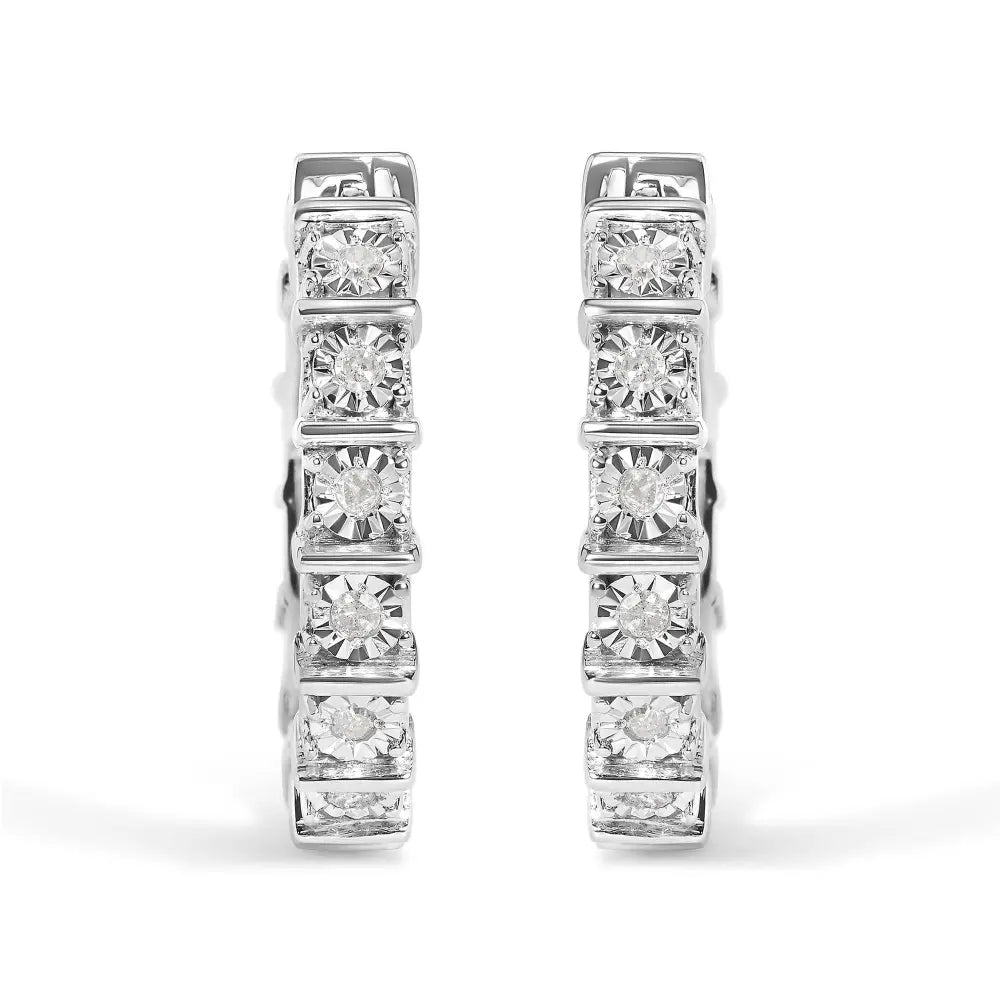 .925 Sterling Silver 1/2 Cttw Diamond Bar and Plate Eternity Hoop Earrings (I-J Color, I3 Clarity) - Bijoux-NYC Direct