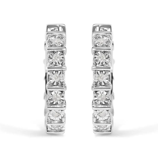 .925 Sterling Silver 1/2 Cttw Diamond Bar and Plate Eternity Hoop Earrings (I-J Color, I3 Clarity) - Bijoux-NYC Direct