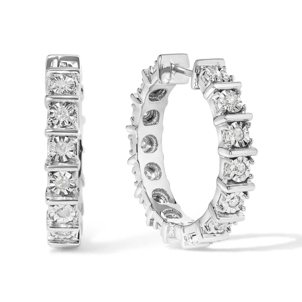 .925 Sterling Silver 1/2 Cttw Diamond Bar and Plate Eternity Hoop Earrings (I-J Color, I3 Clarity) - Bijoux-NYC Direct