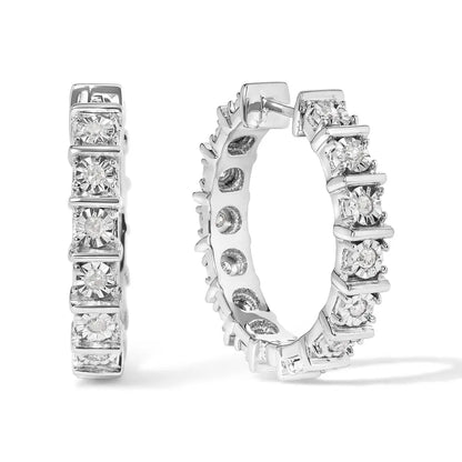 .925 Sterling Silver 1/2 Cttw Diamond Bar and Plate Eternity Hoop Earrings (I-J Color, I3 Clarity) - Bijoux-NYC Direct