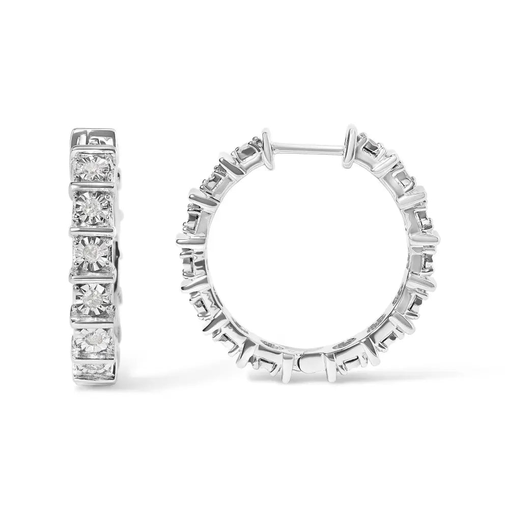 .925 Sterling Silver 1/2 Cttw Diamond Bar and Plate Eternity Hoop Earrings (I-J Color, I3 Clarity) - Bijoux-NYC Direct