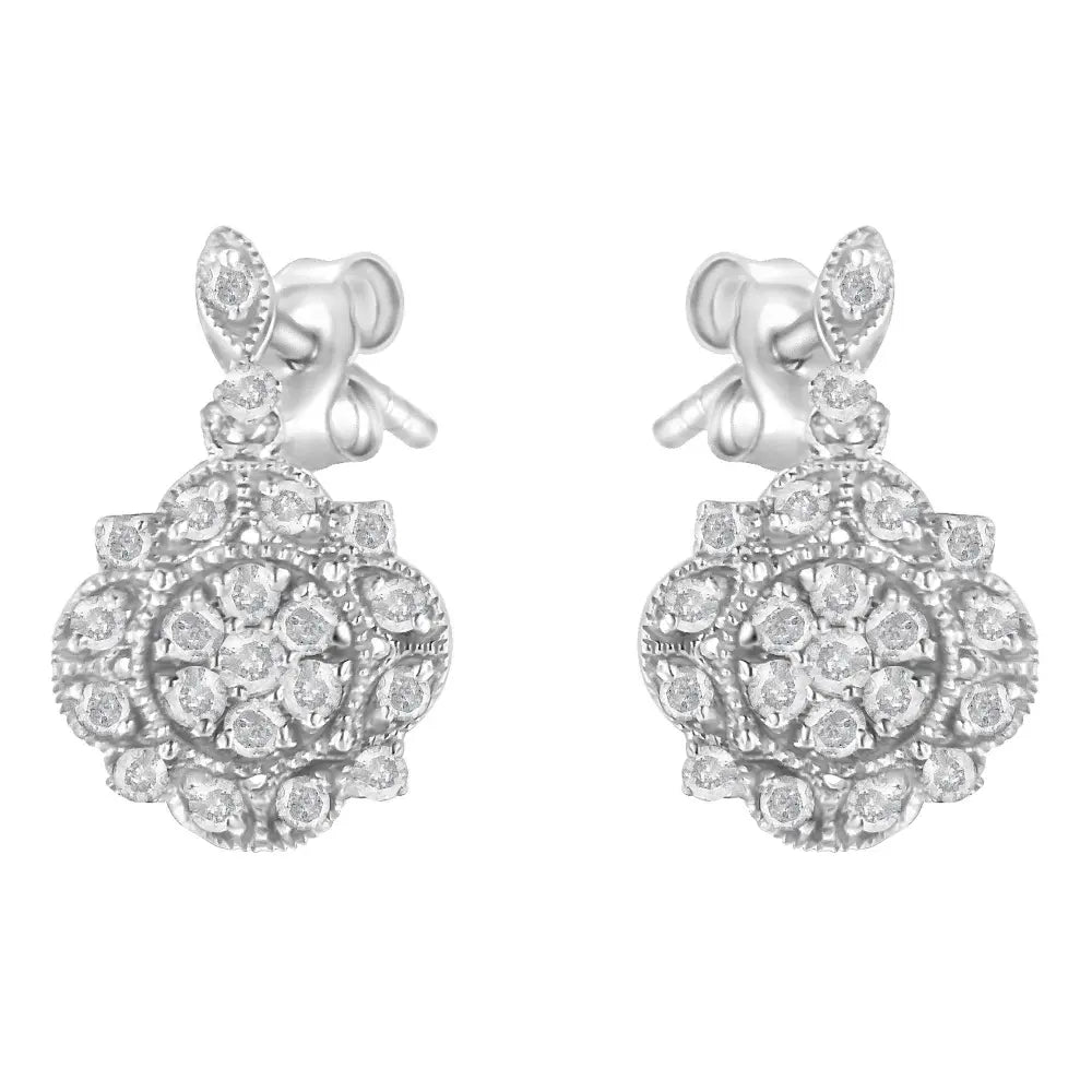 .925 Sterling Silver 1/2 Cttw Diamond Dangle Miligrain Earring (I-J Color, I2-I3 Clarity) - Bijoux-NYC Direct