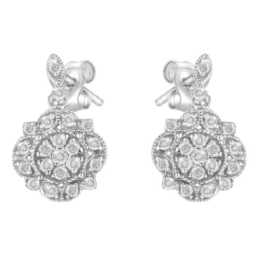 .925 Sterling Silver 1/2 Cttw Diamond Dangle Miligrain Earring (I-J Color, I2-I3 Clarity) - Bijoux-NYC Direct