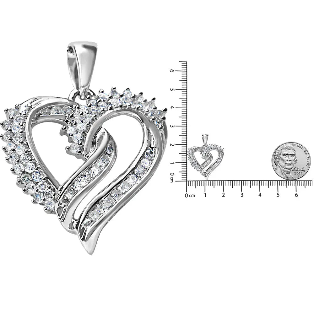 .925 Sterling Silver 1/2 Cttw Diamond Double Row Openwork Heart Pendant 18" Necklace (I-J Color, I3 Clarity) - Bijoux-NYC Direct