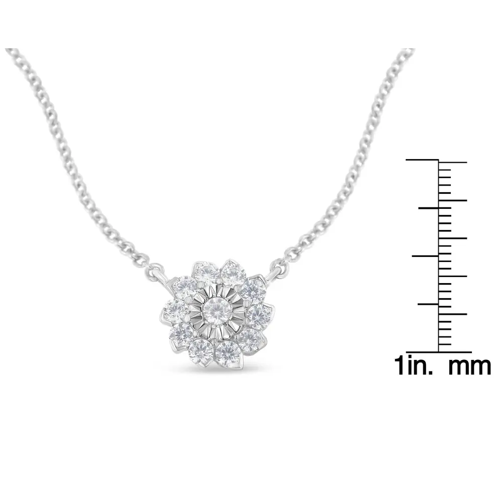 .925 Sterling Silver 1/2 Cttw Diamond Miracle Set Flower Cluster Pendant Necklace with Cable Chain (I-J Color, I1-I2 Clarity) - 18” - Bijoux-NYC Direct