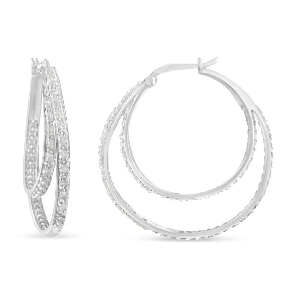 .925 Sterling Silver 1/2 cttw Miracle-Set Diamond Double Hoop with Latchback Earrings (I-J Color, I3 Clarity) - Bijoux-NYC Direct