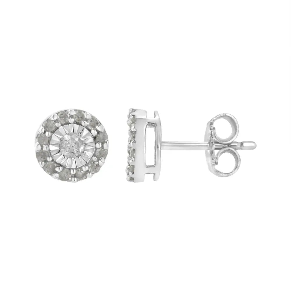 .925 Sterling Silver 1/2 cttw Miracle-Set Round Diamond Halo Stud Earrings (I-J Clarity, I3 Color) - Bijoux-NYC Direct