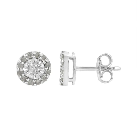 .925 Sterling Silver 1/2 cttw Miracle-Set Round Diamond Halo Stud Earrings (I-J Clarity, I3 Color) - Bijoux-NYC Direct