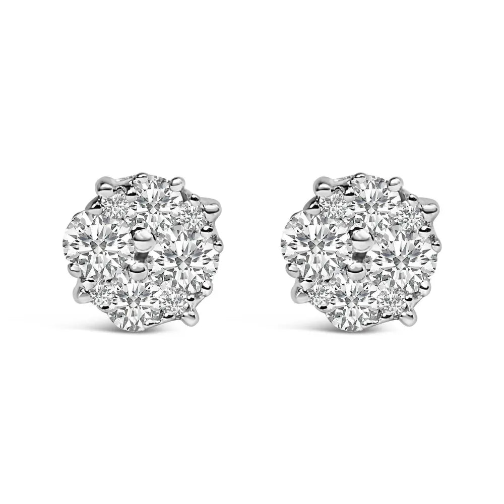 .925 Sterling Silver 1/2 cttw Prong Set Round-Cut Diamond Cluster Stud Earring (I-J Color, I2-I3 Clarity) - Bijoux-NYC Direct