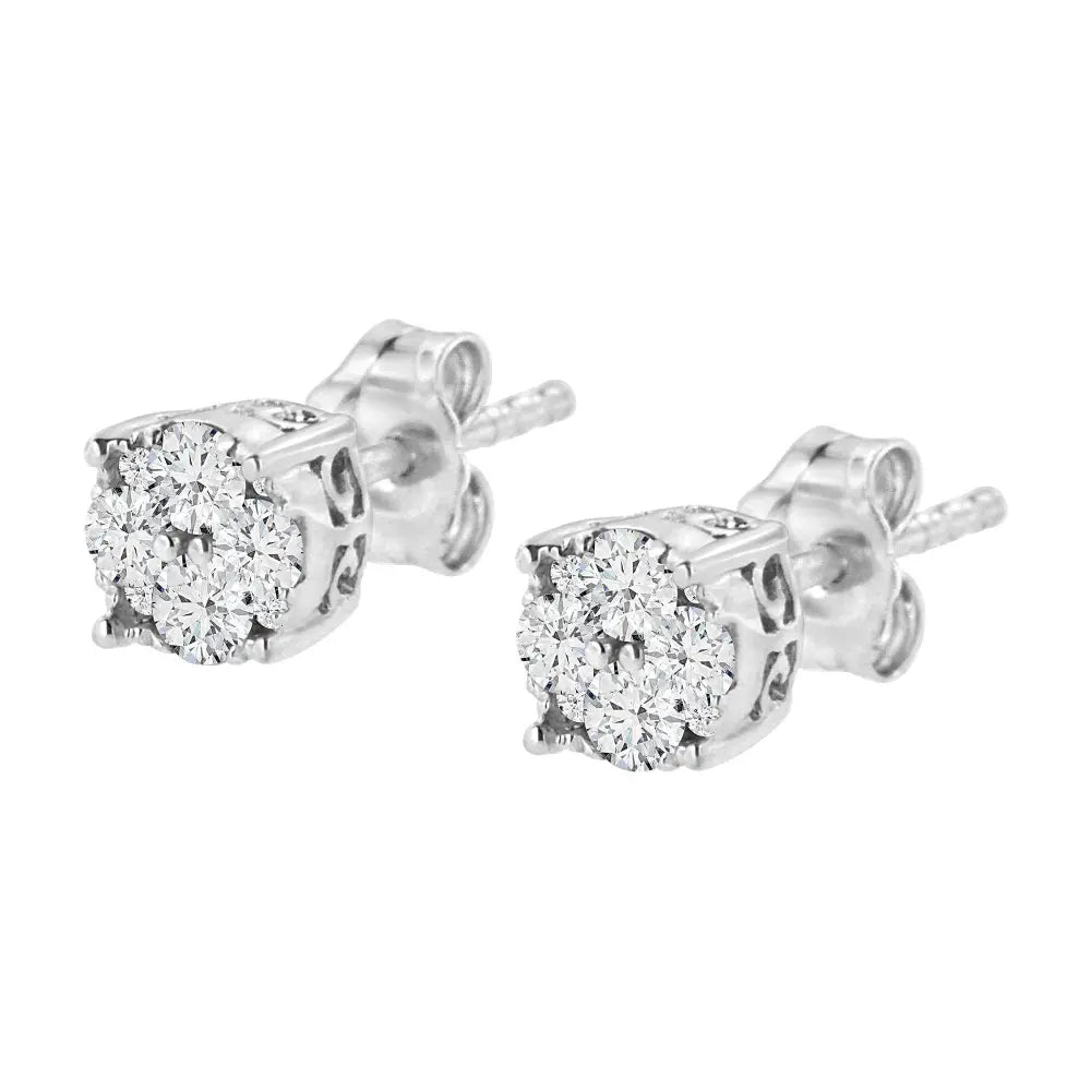 .925 Sterling Silver 1/2 cttw Prong Set Round-Cut Diamond Cluster Stud Earring (I-J Color, I2-I3 Clarity) - Bijoux-NYC Direct
