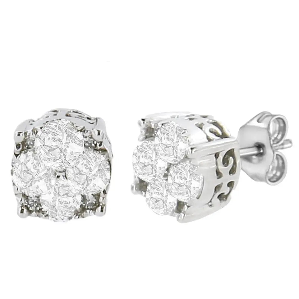 .925 Sterling Silver 1/2 cttw Prong Set Round-Cut Diamond Cluster Stud Earring (I-J Color, I2-I3 Clarity) - Bijoux-NYC Direct