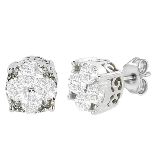 .925 Sterling Silver 1/2 cttw Prong Set Round-Cut Diamond Cluster Stud Earring (I-J Color, I2-I3 Clarity) - Bijoux-NYC Direct