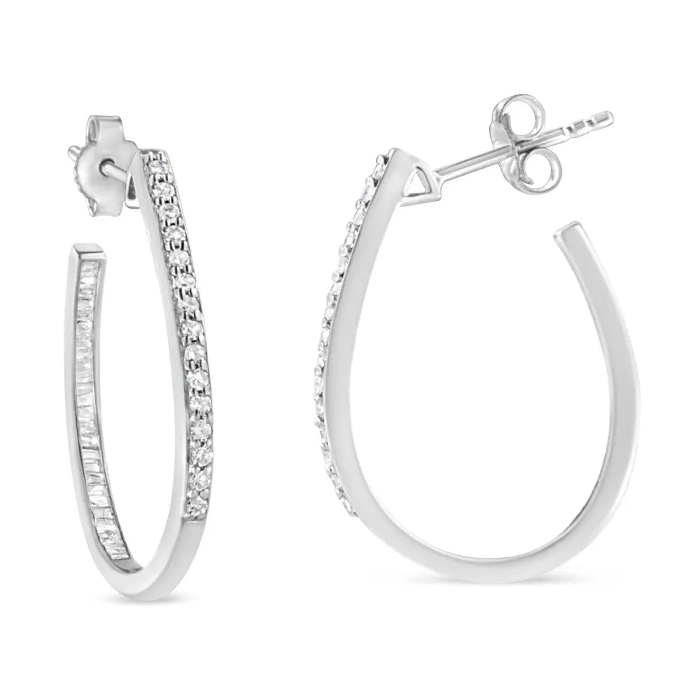 .925 Sterling Silver 1/2 Cttw Round and Baguette-Cut Diamond Inside-Outside Hoop Earrings (H-I Color, I1-I2 Clarity) - Bijoux-NYC Direct