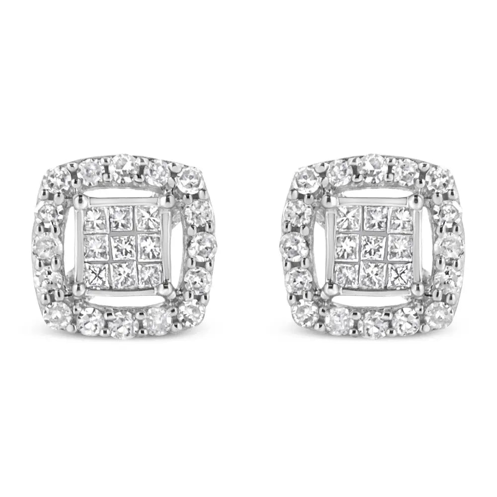 .925 Sterling Silver 1/2 Cttw Round and Princess-Cut Diamond Stud Earrings (I-J Color, I1-I2 Clarity) - Bijoux-NYC Direct
