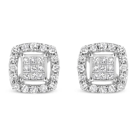 .925 Sterling Silver 1/2 Cttw Round and Princess-Cut Diamond Stud Earrings (I-J Color, I1-I2 Clarity) - Bijoux-NYC Direct