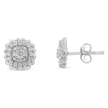 .925 Sterling Silver 1/2 Cttw Round-Cut Diamond Halo Cluster Stud Earring (I-J Color, I2-I3 Clarity) - Bijoux-NYC Direct