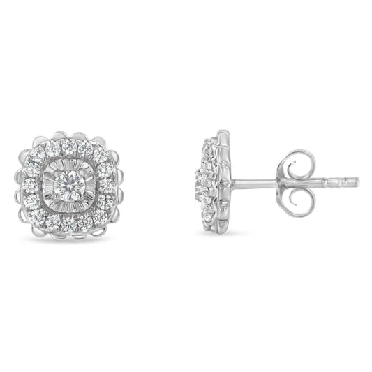 .925 Sterling Silver 1/2 Cttw Round-Cut Diamond Halo Cluster Stud Earring (I-J Color, I2-I3 Clarity) - Bijoux-NYC Direct