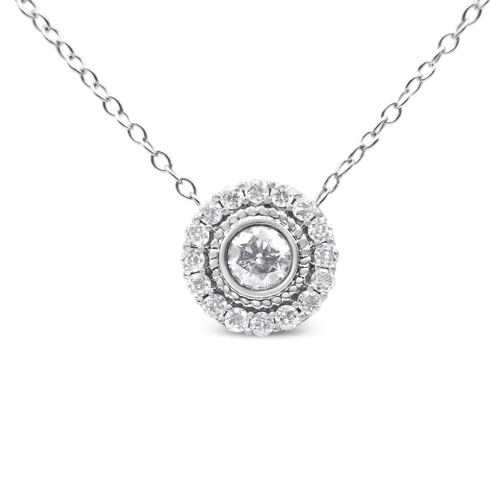 .925 Sterling Silver 1/2 Cttw Round Diamond Halo Circle Pendant 18" Necklace (I-J Color, I2-I3 Clarity) - Bijoux-NYC Direct