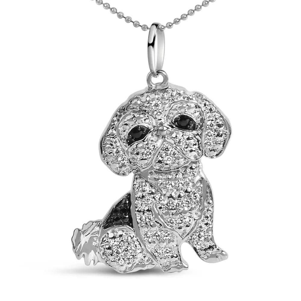 .925 sterling silver 1/2 cttw white and black diamond shih tzu dog 18’’ pendant necklace (i j color i2 i3 clarity)