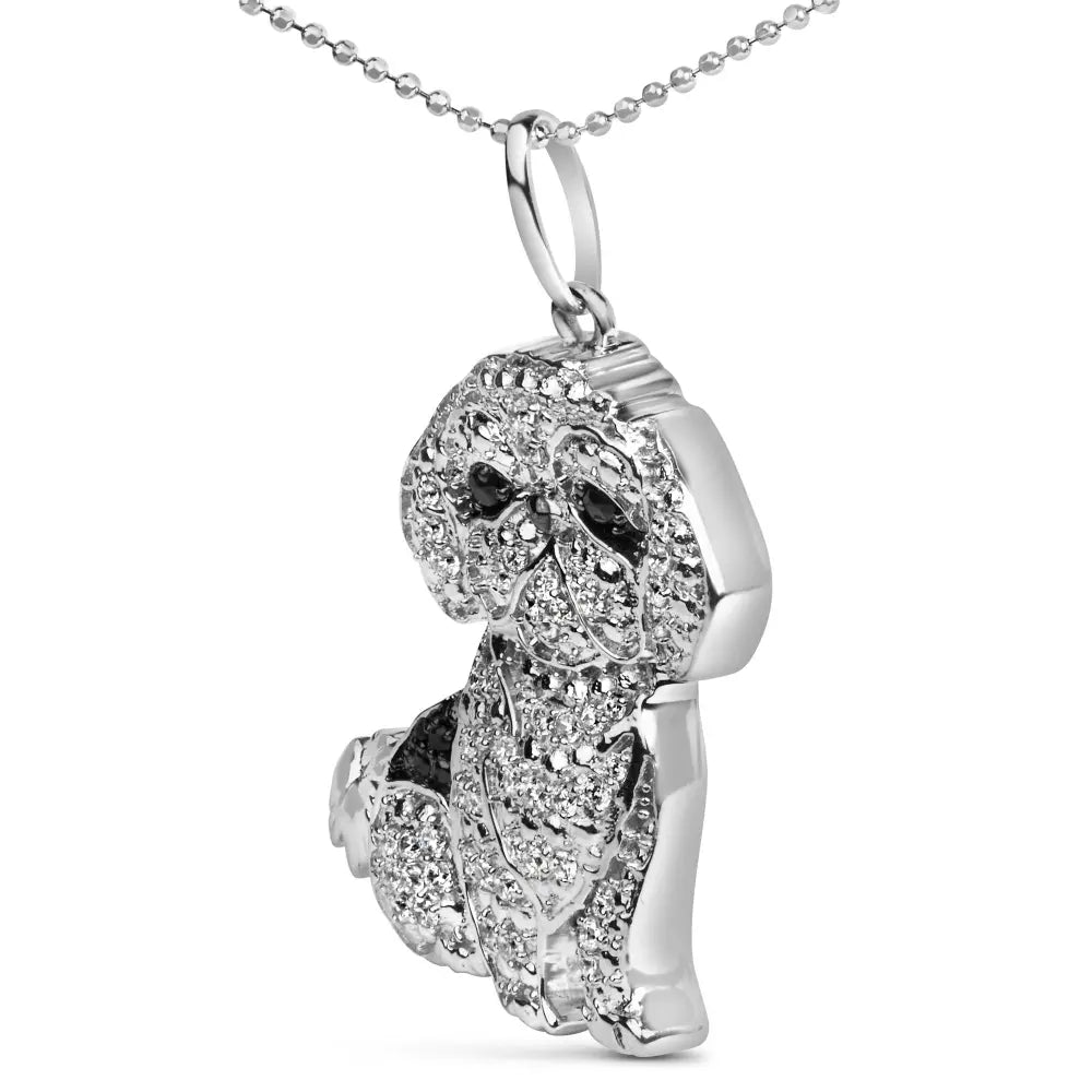 .925 sterling silver 1/2 cttw white and black diamond shih tzu dog 18’’ pendant necklace (i j color i2 i3 clarity)