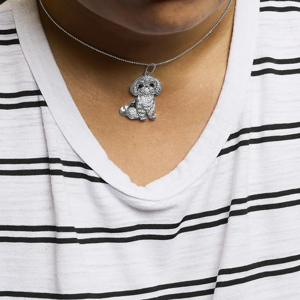 .925 sterling silver 1/2 cttw white and black diamond shih tzu dog 18’’ pendant necklace (i j color i2 i3 clarity)