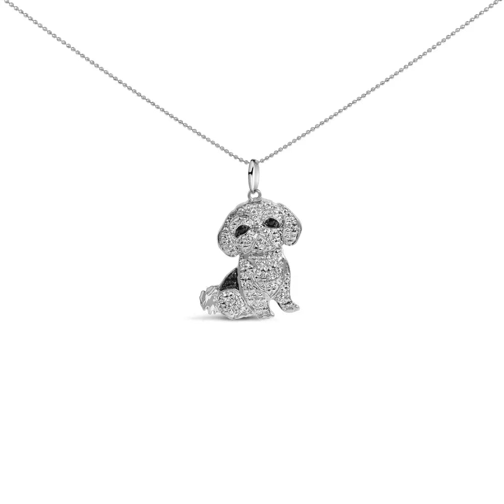 .925 sterling silver 1/2 cttw white and black diamond shih tzu dog 18’’ pendant necklace (i j color i2 i3 clarity)