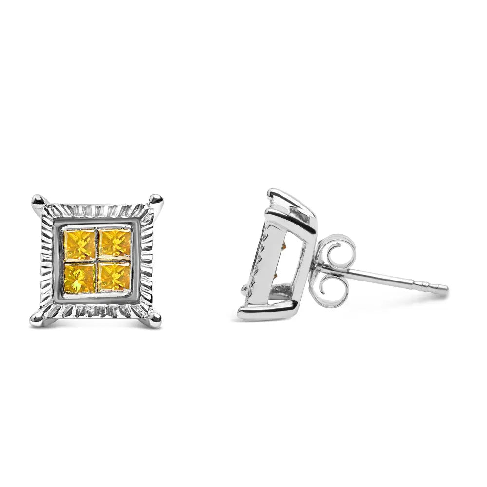 1/2 cttw princess cut yellow diamond quad studs in.925 sterling silver bijoux-nyc direct