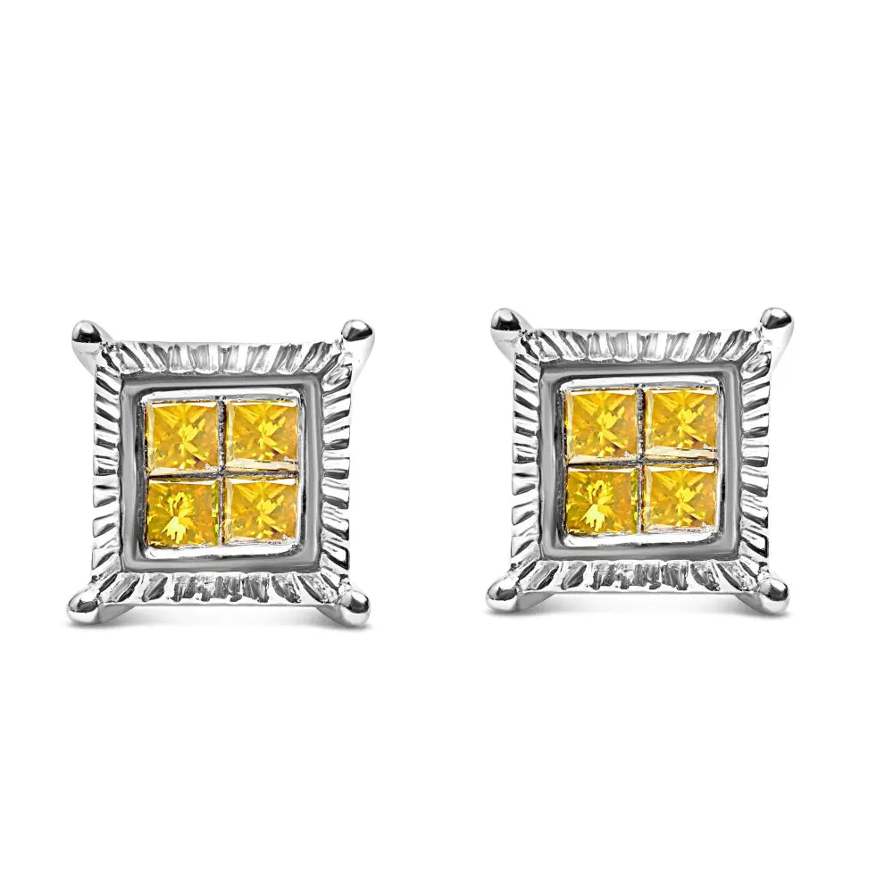 1/2 cttw princess cut yellow diamond quad studs in.925 sterling silver bijoux-nyc direct