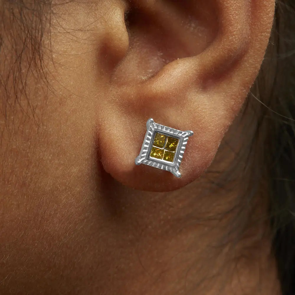 1/2 cttw princess cut yellow diamond quad studs in.925 sterling silver bijoux-nyc direct