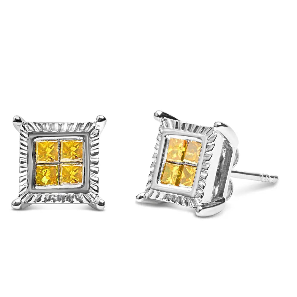 1/2 cttw princess cut yellow diamond quad studs in.925 sterling silver bijoux-nyc direct