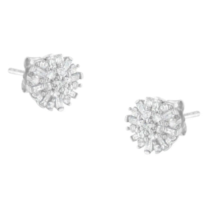 .925 Sterling Silver 1/2 Round and Baguette Diamond Sunburst Floral Cluster Stud Earrings (I-J Color, I3 Clarity) - Bijoux-NYC Direct