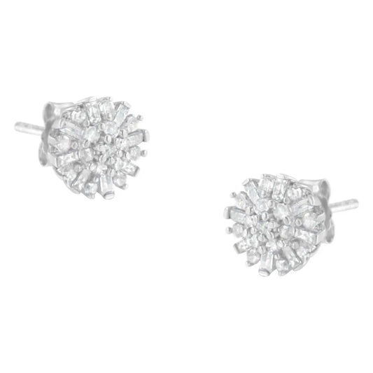 .925 Sterling Silver 1/2 Round and Baguette Diamond Sunburst Floral Cluster Stud Earrings (I-J Color, I3 Clarity) - Bijoux-NYC Direct