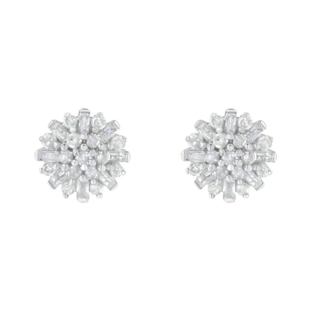 .925 Sterling Silver 1/2 Round and Baguette Diamond Sunburst Floral Cluster Stud Earrings (I-J Color, I3 Clarity) - Bijoux-NYC Direct