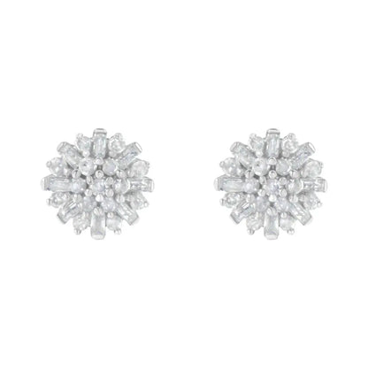 .925 Sterling Silver 1/2 Round and Baguette Diamond Sunburst Floral Cluster Stud Earrings (I-J Color, I3 Clarity) - Bijoux-NYC Direct