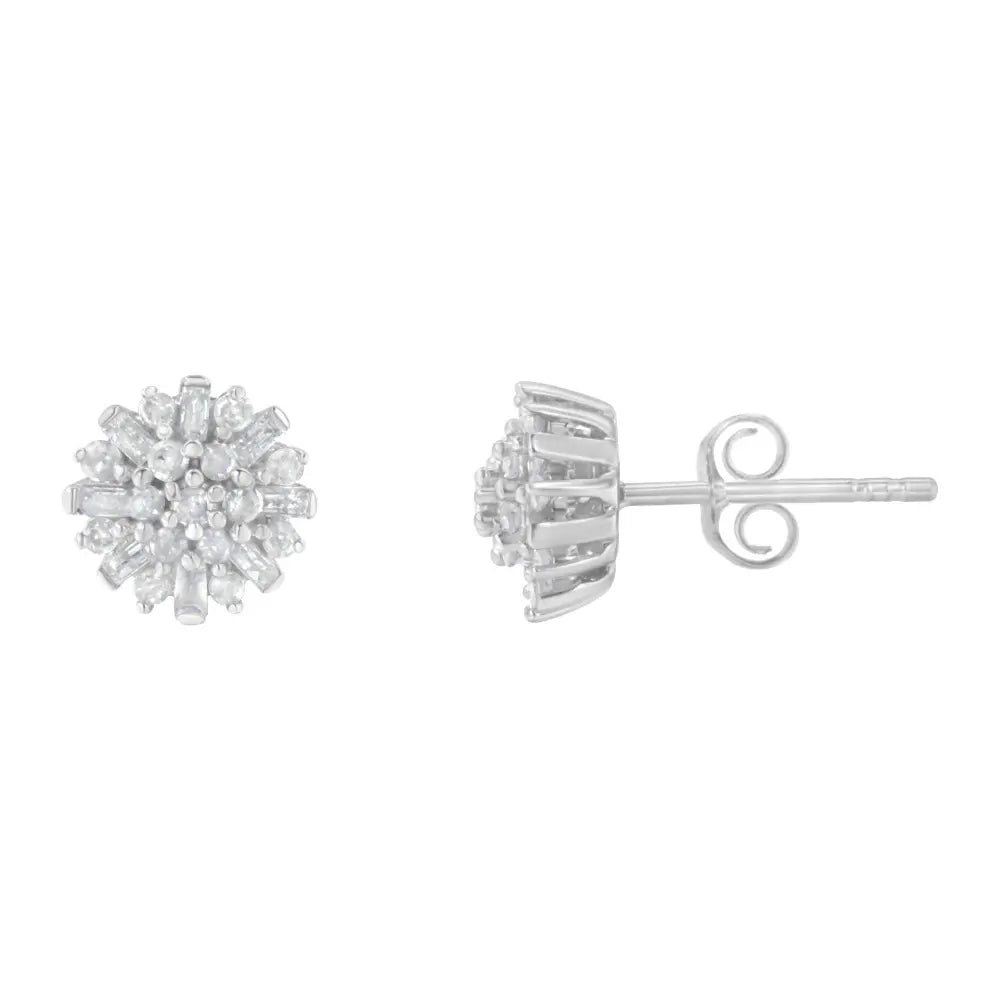 .925 Sterling Silver 1/2 Round and Baguette Diamond Sunburst Floral Cluster Stud Earrings (I-J Color, I3 Clarity) - Bijoux-NYC Direct