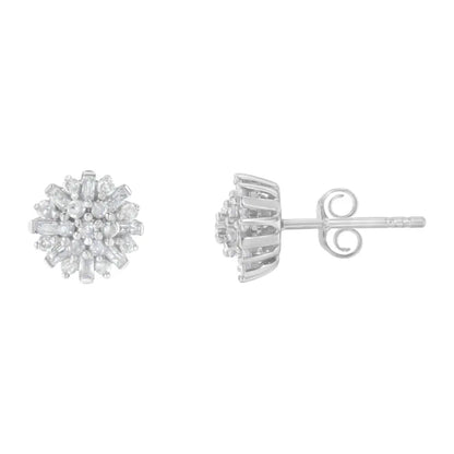 .925 Sterling Silver 1/2 Round and Baguette Diamond Sunburst Floral Cluster Stud Earrings (I-J Color, I3 Clarity) - Bijoux-NYC Direct