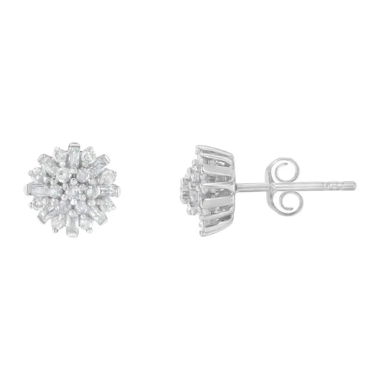 .925 Sterling Silver 1/2 Round and Baguette Diamond Sunburst Floral Cluster Stud Earrings (I-J Color, I3 Clarity) - Bijoux-NYC Direct